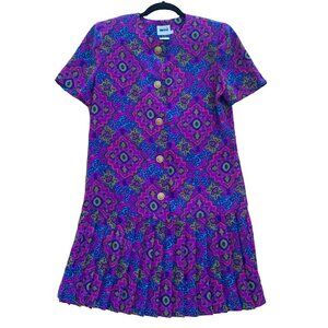 Leslie Fay VintageRetro Dress Size 12 Petite Polyester Purple Geometric Pleated